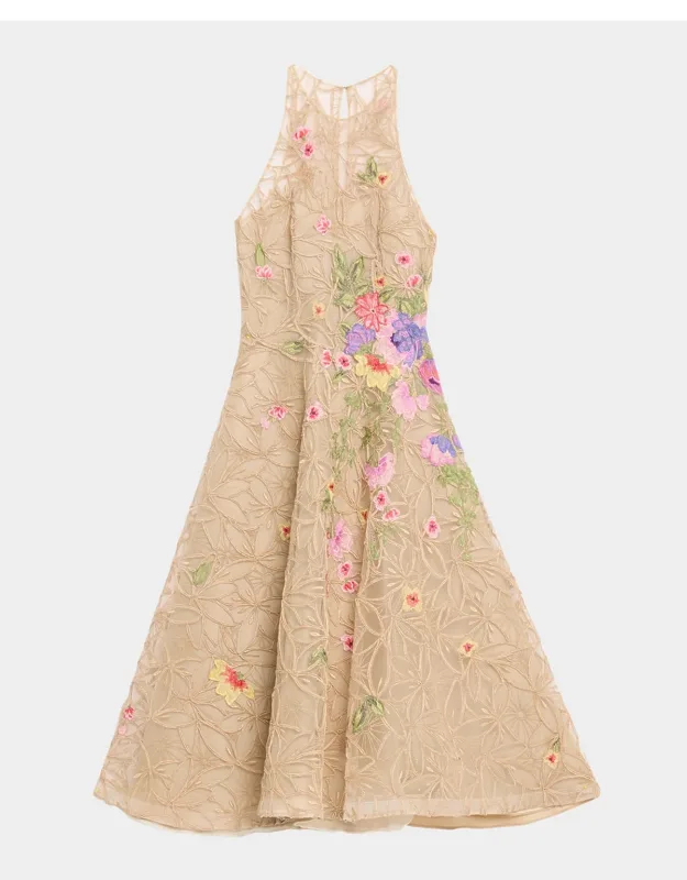 Floral Embroidered Sleeveless Midi Dress