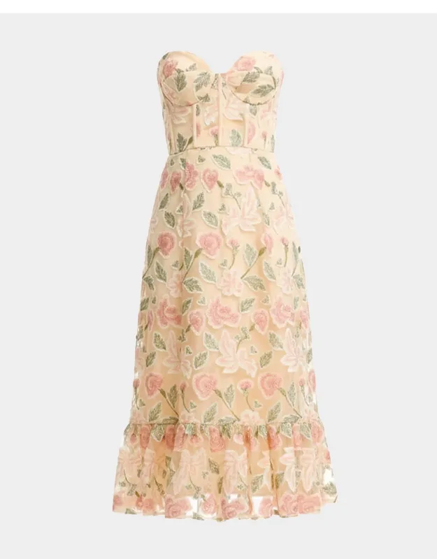 Strapless Floral Applique Midi Dress