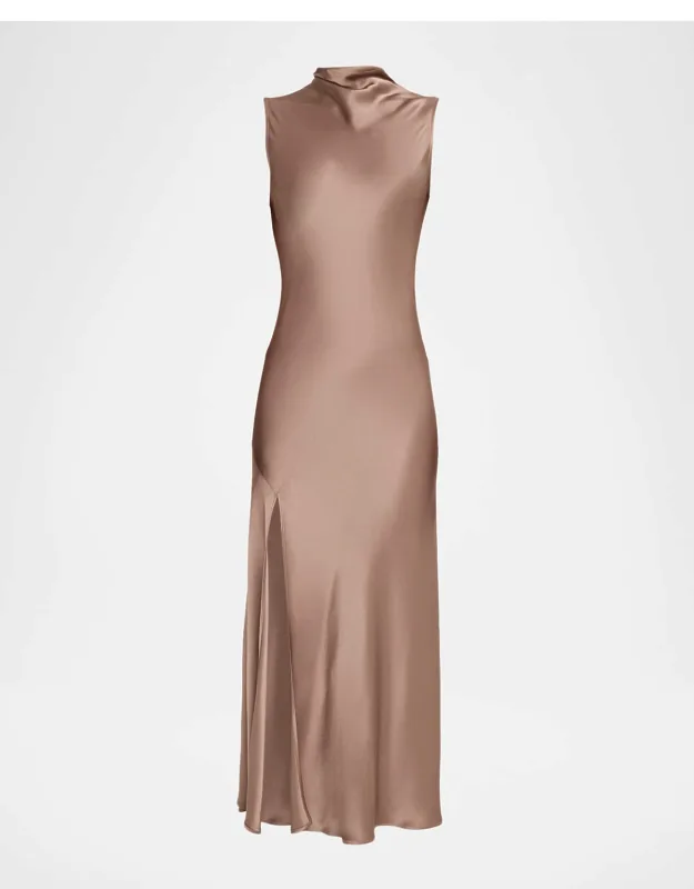 Draped-neck Satin Slit Midi Dress