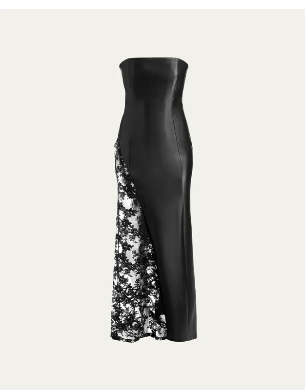 Retha Strapless Vegan Leather Lace Maxi Dress
