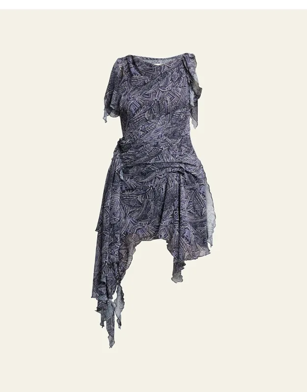 Asymmetric Draped Silk Mini Dress