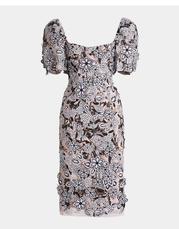 Embroidered Puff-sleeve Midi Dress
