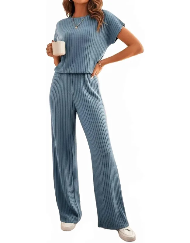 Ribbed Knit Short Sleeve Wide Leg Jumpsuit