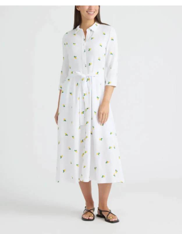 Linen Belted Shirt Dress With Embroidery Detail
