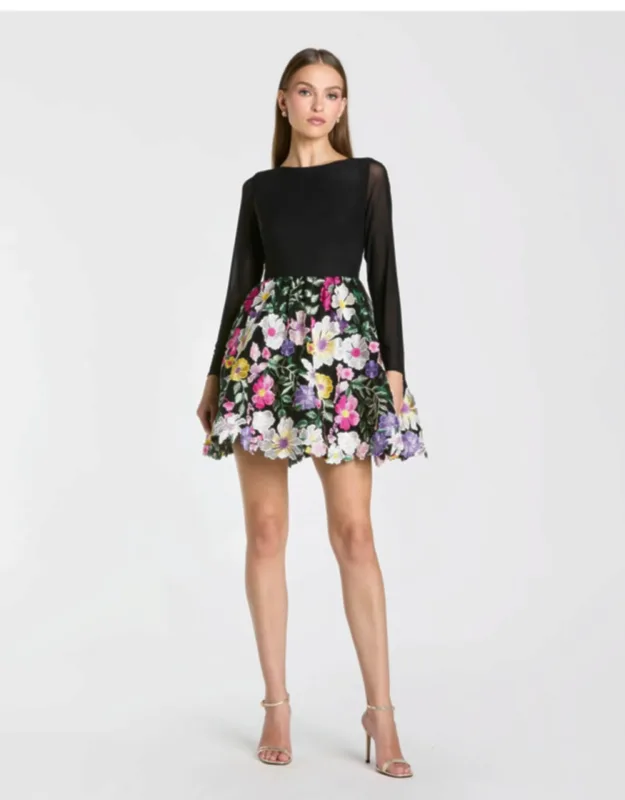 Long Sleeve Mini Dress With Floral Embroidery