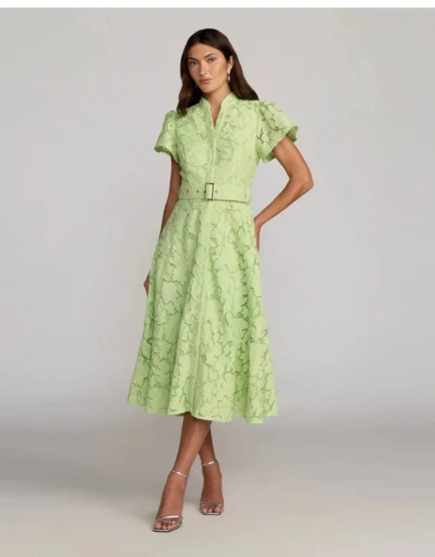 Embroidered Lace Belted Midi Dress