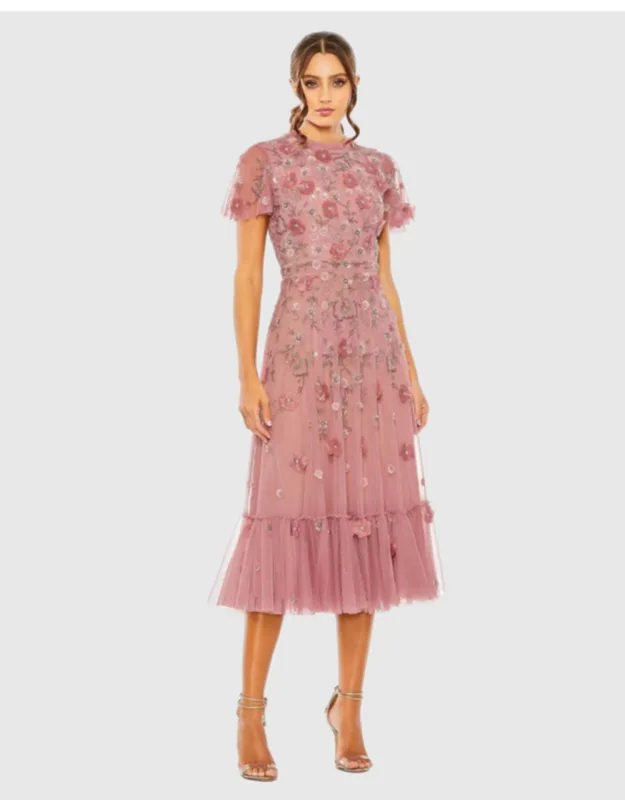 Embellished High Neck Flutter Sleeve A Line Dress
