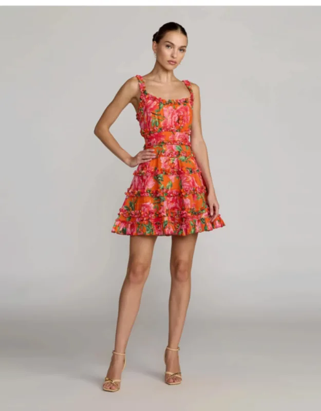 Floral Square Neck Ruffled Cotton Mini Dress