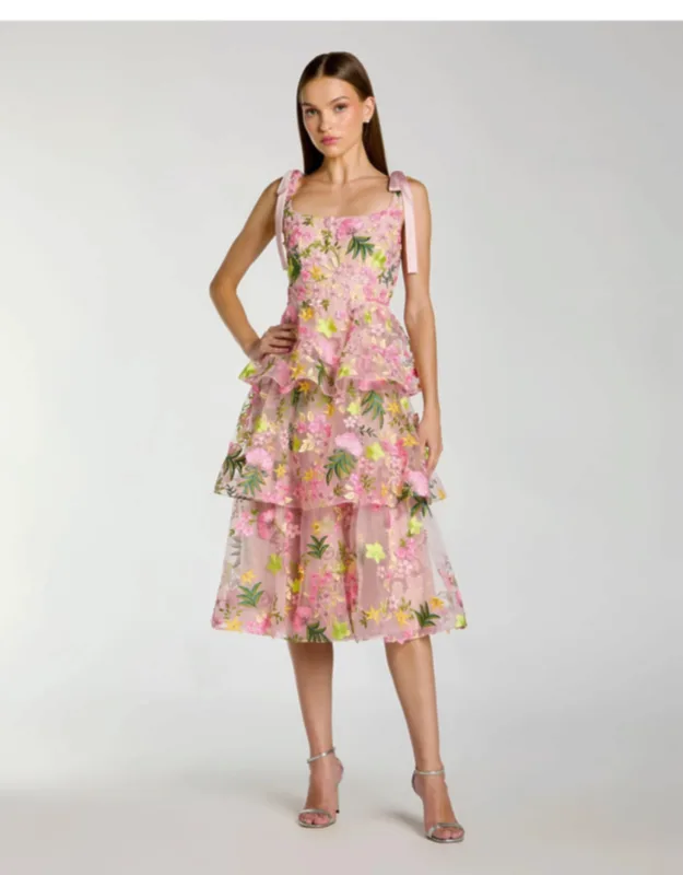 Floral Embroidered Tiered Midi Dress