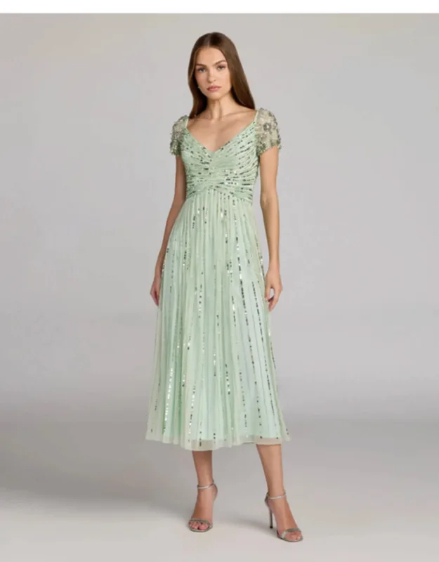 Sequin Jeweled V Neck Midi Dress