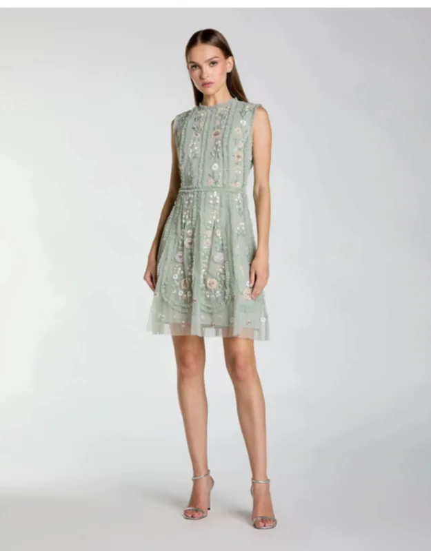 Sleeveless High Neck Embroidered Mini Dress