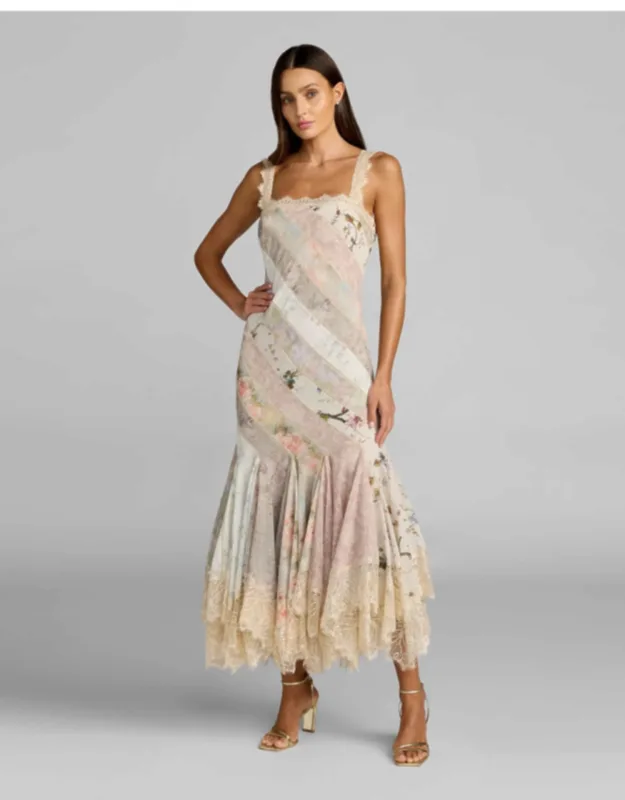 Multicolor Floral Chiffon Midi Dress With Lace Trim