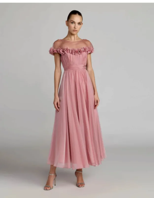 Chiffon Illusion Neck Midi Dress With 3d Flowers