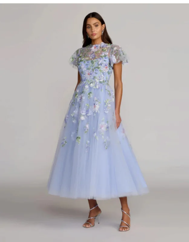 Flutter Sleeve Embroidered A-line Midi Dress