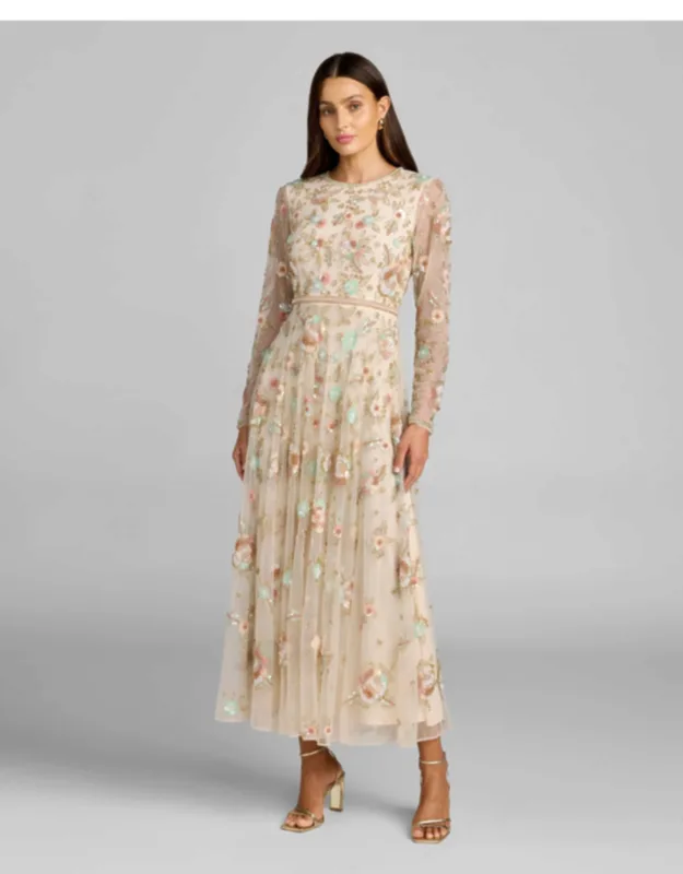 Floral Embellished Long Sleeve Midi Dress