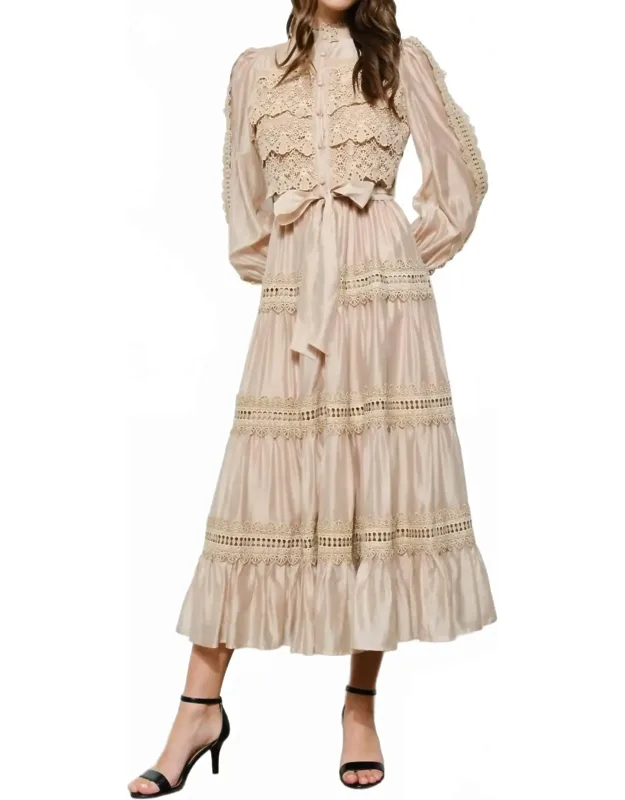 Crochet-style Lace Panel Satin Midi Dress