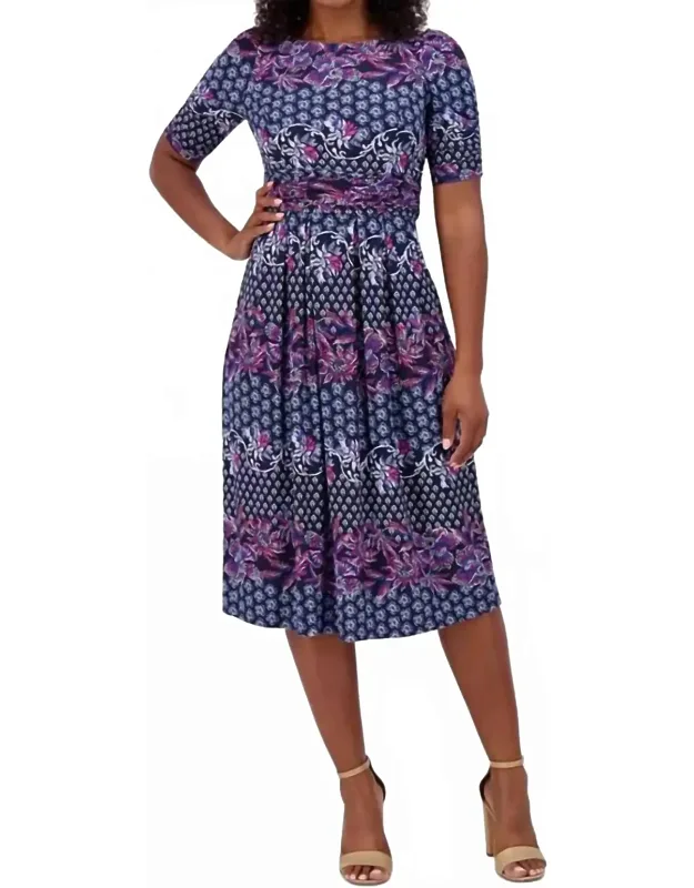 Printed Ruched-sleeve Midi Dress