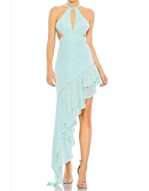 Sequined Halter Cut Out Ruffle Asymmetrical Dress Gown
