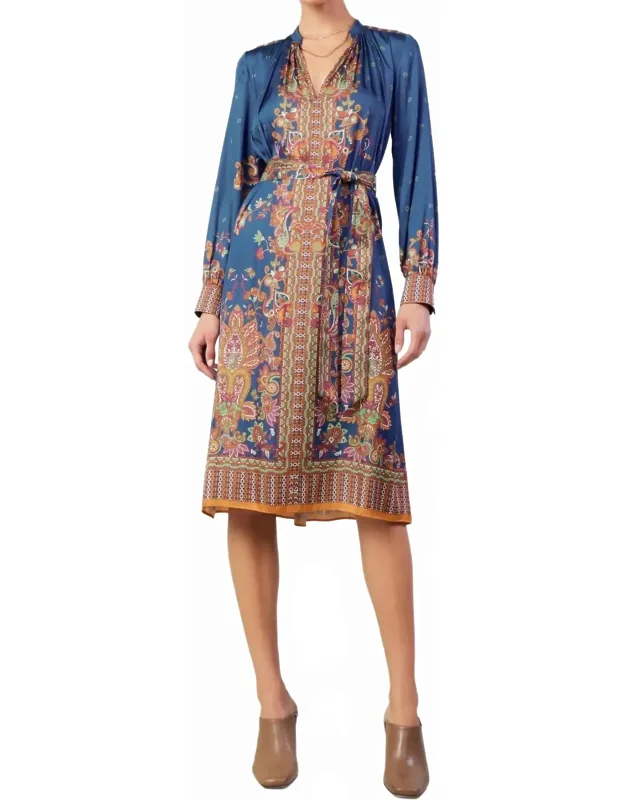 Border Print Long Sleeve Dress And Sash