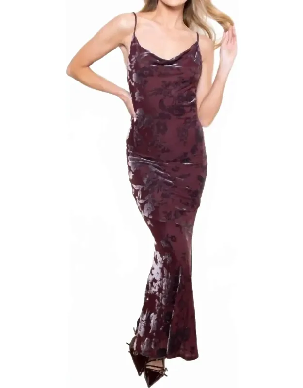 Autumn Burn Out Velvet Maxi Bias Cut Mesh Cowl Neck Dress
