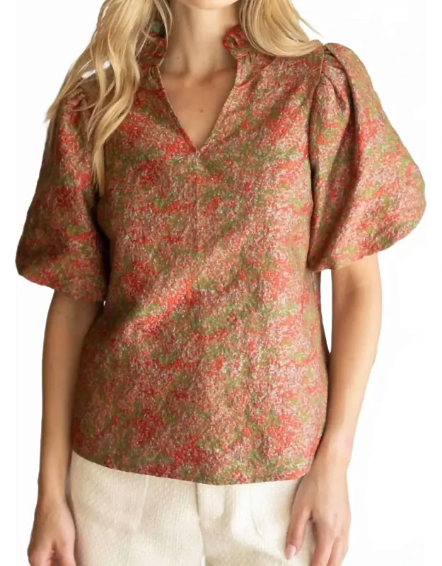 Ruffle Collared Jacquard Abstract Print Blouse