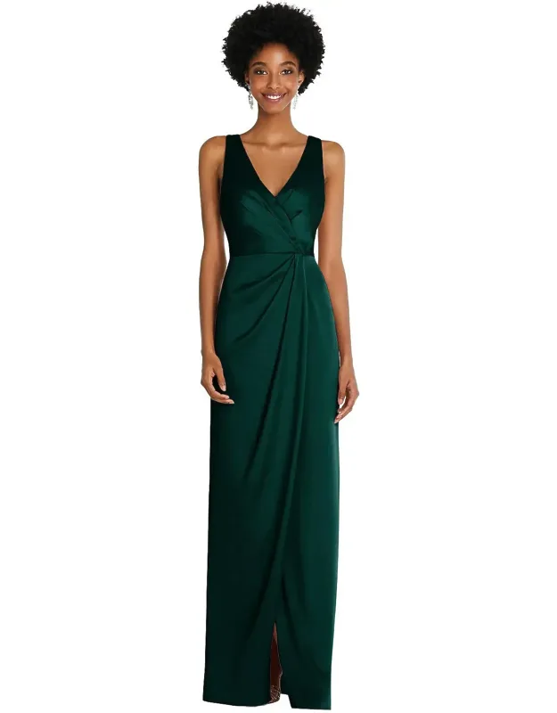 Faux Wrap Satin Maxi Dress With Draped Tulip Skirt