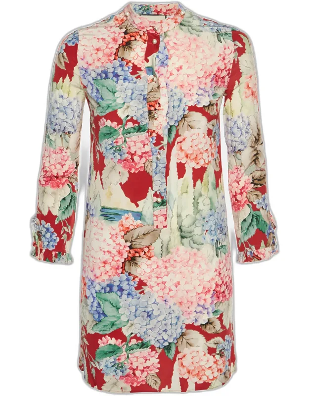 Hydrangea Print Silk Crepe Mini Shirt Dress