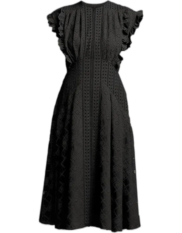 Cap-sleeve Pleated Eyelet Cotton Midi Dress