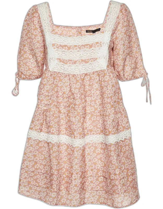 Floral Print Linen Blend Lace Trim Dress