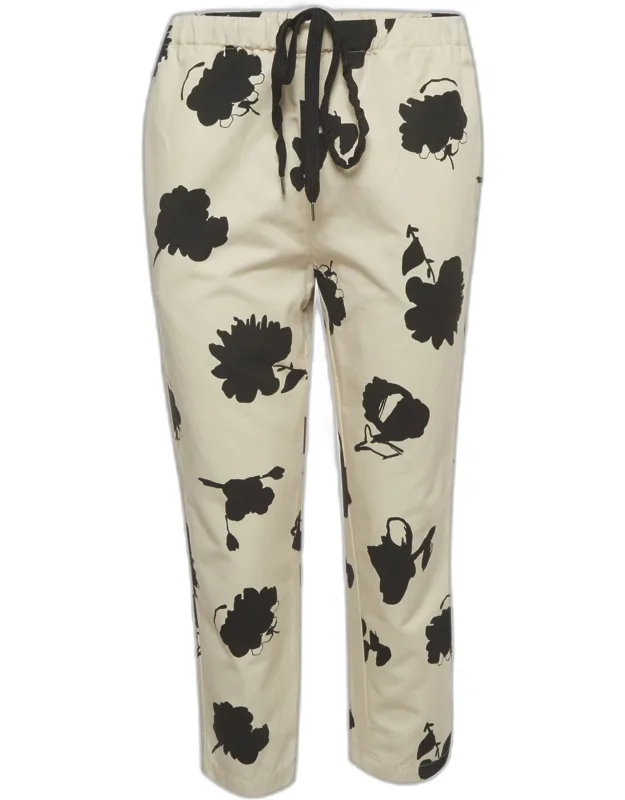 Cream Floral Print Cotton Straight Fit Trousers