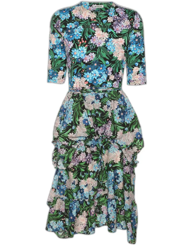 Floral Print Ruffled Drawstring Midi Dress