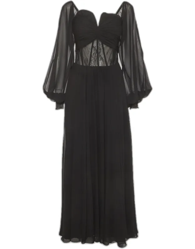 Chiffon And Lace Ruched Flared Maxi Dress