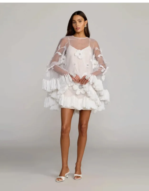 Embellished Trapeze Mini Dress With Fringe Hem