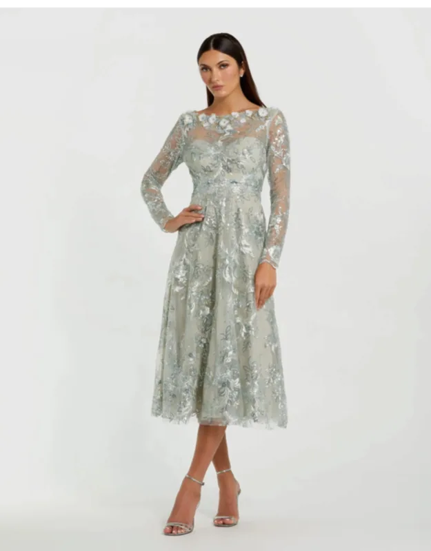 Embellished Illusion Long Sleeve Midi Dress