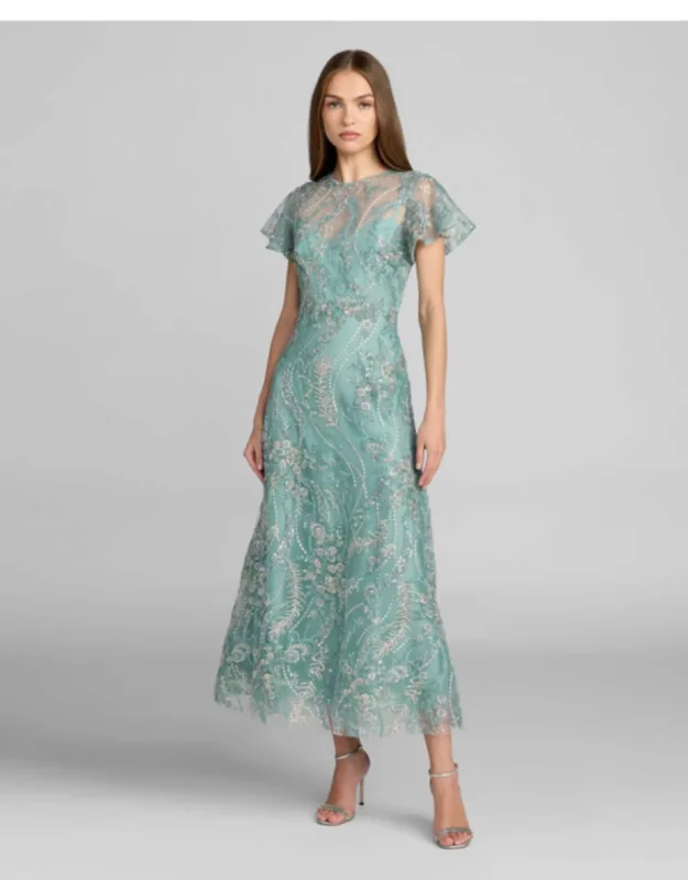 Embroidered Flutter Sleeve Midi Dress