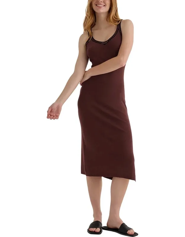 Crocheted Trim V-neck Linen-blend Midi Dress
