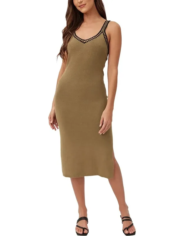 Crocheted Trim V-neck Linen-blend Midi Dress