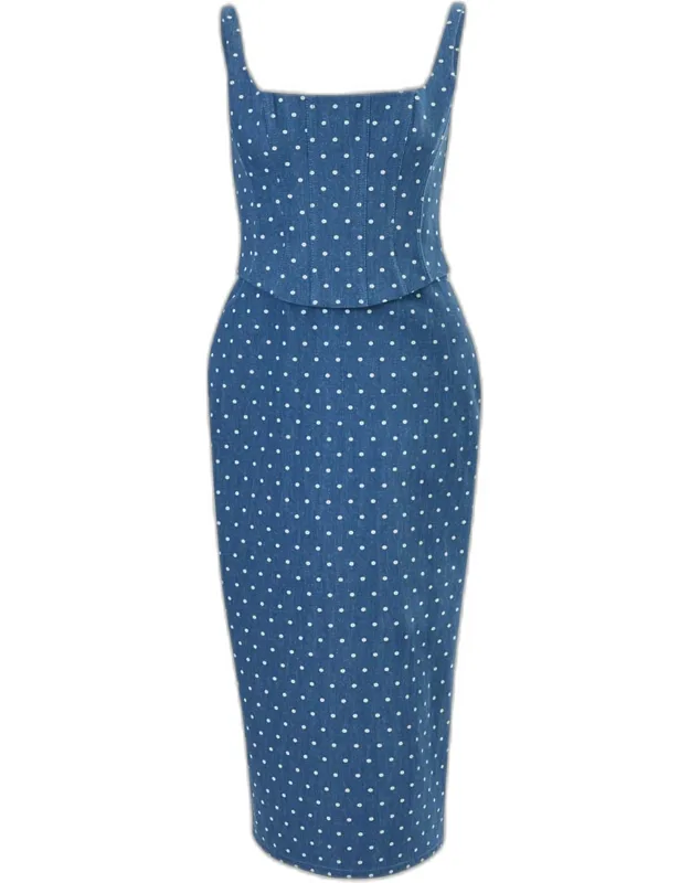 Polka-dot Denim Corset Midi Dress