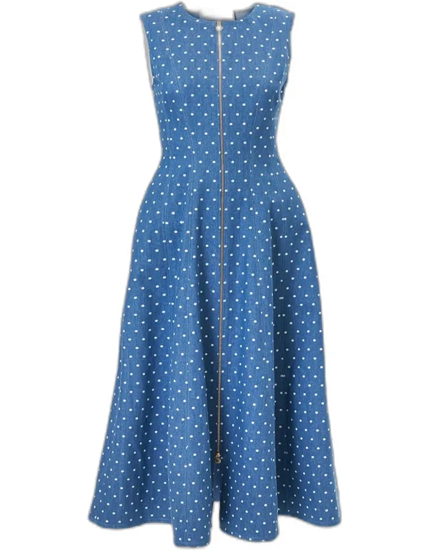 Sleeveless Polka-dot Denim Zip-front Midi Dress