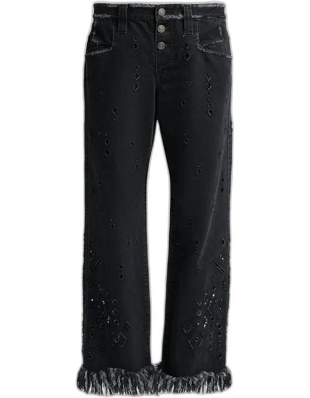 Distressed Eyelet Straight-leg Denim Pants