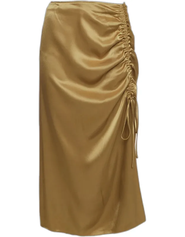 Khaki Satin Ruched Slit Detail Midi Skirt