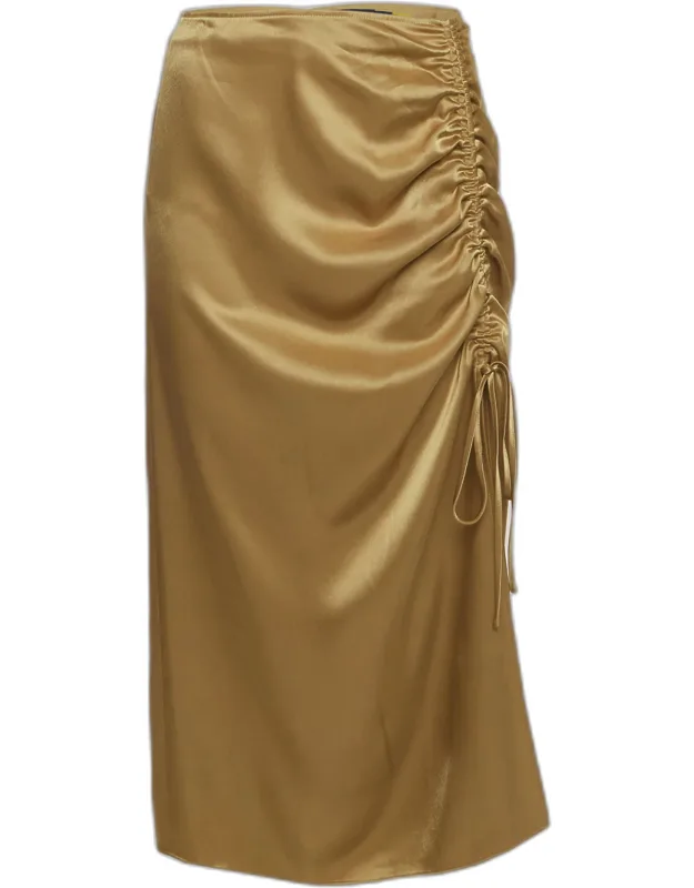 Khaki Satin Ruched Slit Midi Skirt
