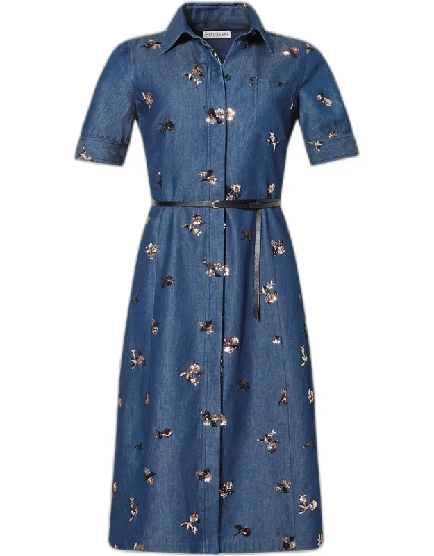 Sequined Floral Denim Midi Shirtdress With Belt
