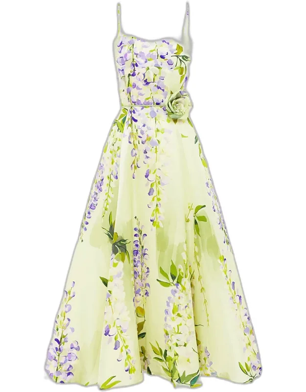 Belted Floral-print Sweetheart Midi Dress
