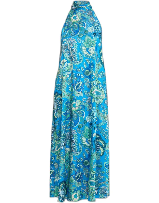 Floral-print Rhinestone Halter Maxi Dress