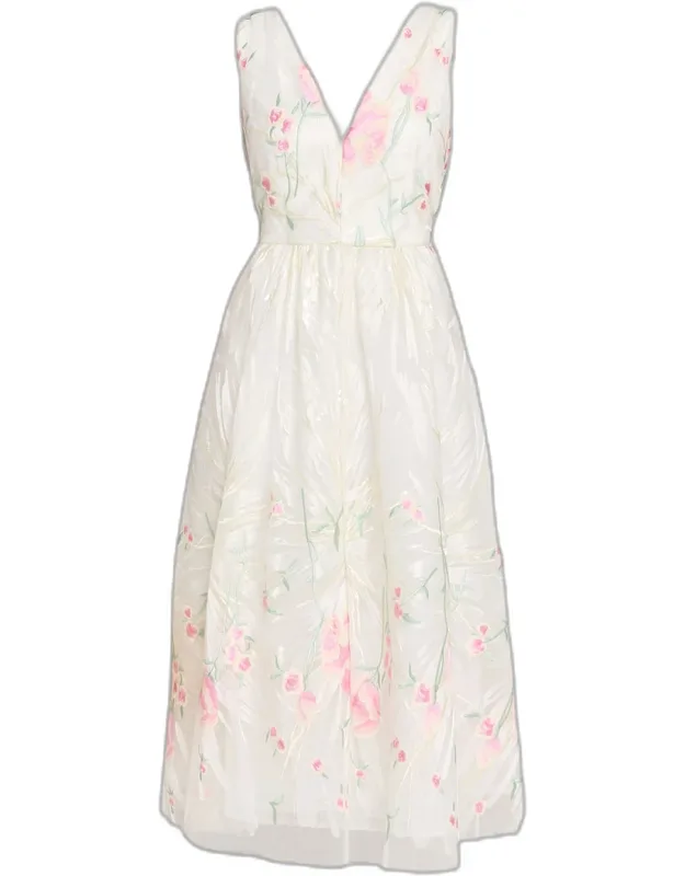 Floral-embroidered Mesh Midi Dress