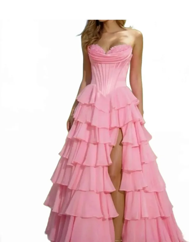 Strapless Satin Corset Ball Gown With Chiffon Ruffle Slit Skirt
