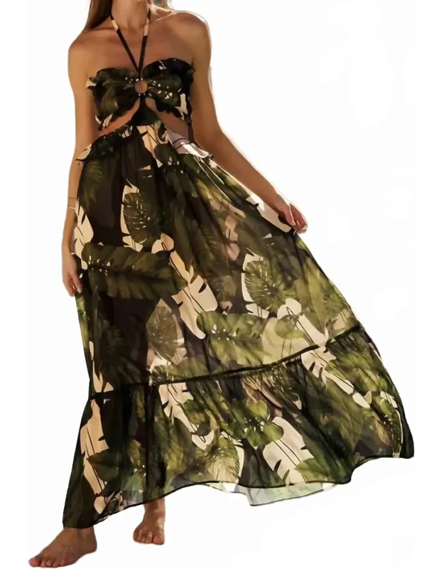 Tropical Palm Halter Maxi Dress