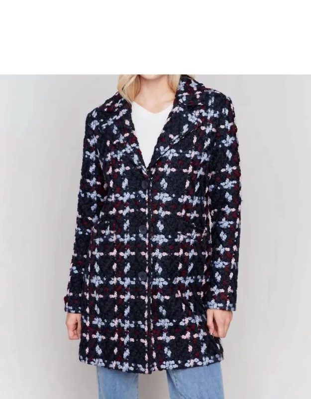 Straight Cut Plaid Boucle Coat