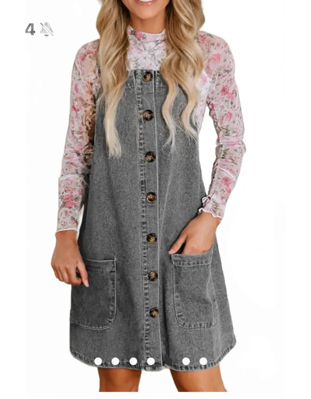 Wide Strap Button Front Pocketed Denim Mini Dress